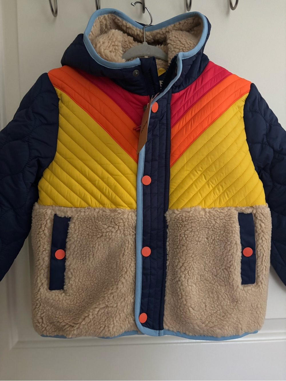 Mini Boden Boy’s Chevron Quilted Borg Jacket - Yellow, Navy, Orange & Natura